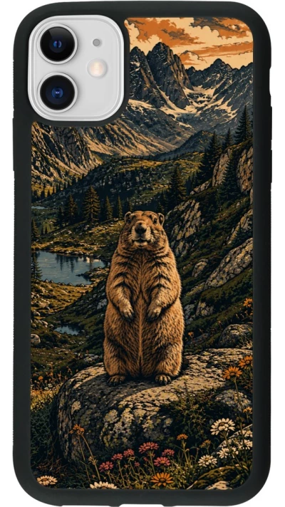 Coque iPhone 11 - Silicone rigide noir Linocut Marmotte