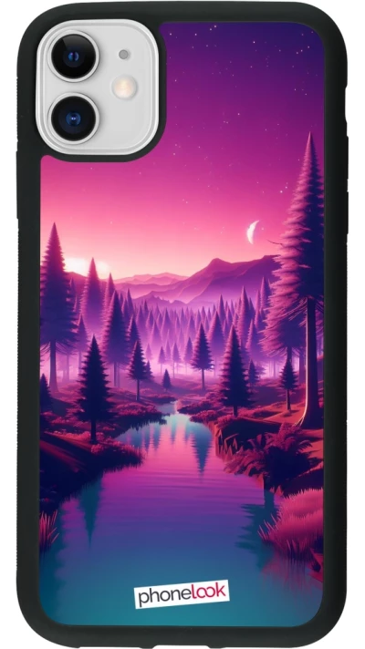 Coque iPhone 11 - Silicone rigide noir Paysage Violet-Rose