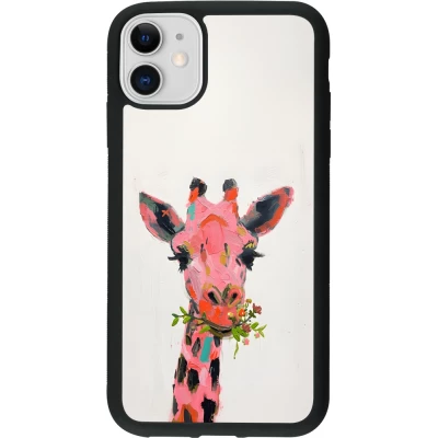 Coque iPhone 11 - Silicone rigide noir Pink Girafe Paint