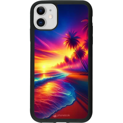 Coque iPhone 11 - Silicone rigide noir Plage coucher soleil flashy