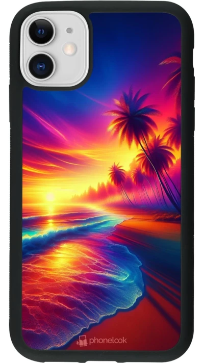 Coque iPhone 11 - Silicone rigide noir Plage coucher soleil flashy