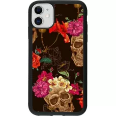 Hülle iPhone 11 - Silikon schwarz Skulls and flowers