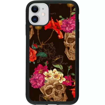 Hülle iPhone 11 - Silikon schwarz Skulls and flowers