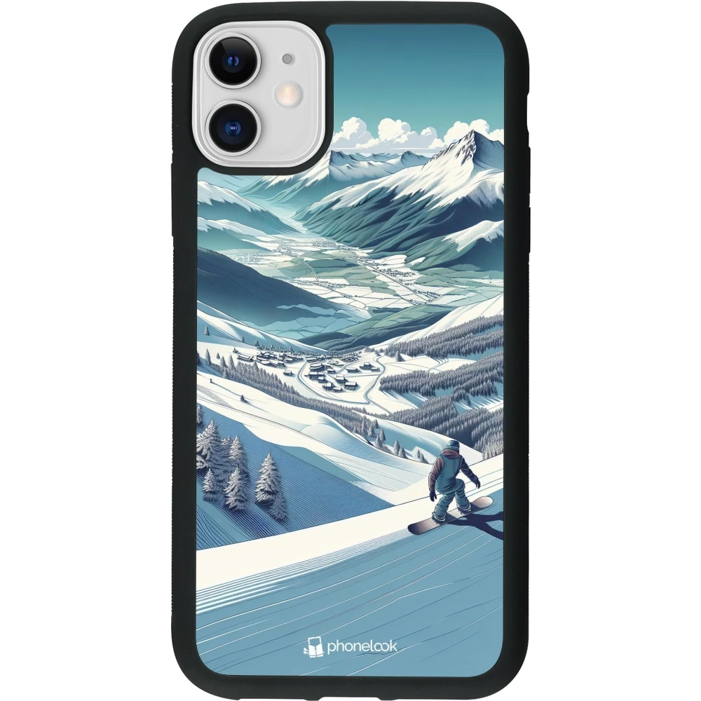 Coque iPhone 11 - Silicone rigide noir Snowboarder Montagne