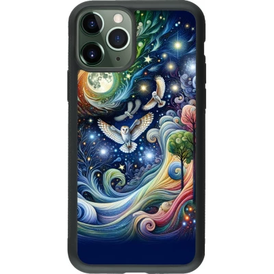 Coque iPhone 11 Pro - Silicone rigide noir hibou volant floral