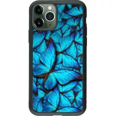 Coque iPhone 11 Pro - Silicone rigide noir Papillon - Bleu