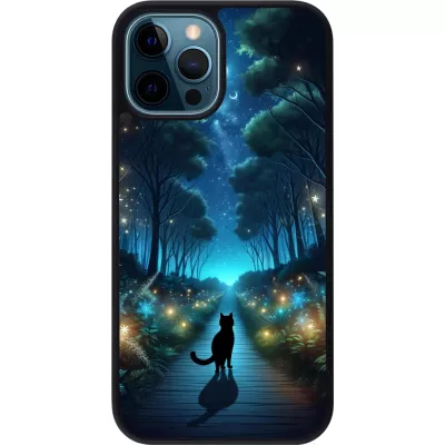 Coque iPhone 12 / 12 Pro - Silicone rigide noir Chat noir promenade
