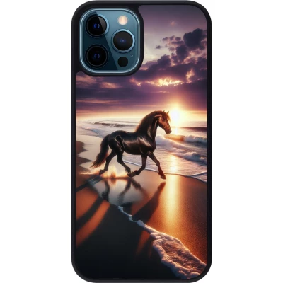 Coque iPhone 12 / 12 Pro - Silicone rigide noir Cheval majestueux plage