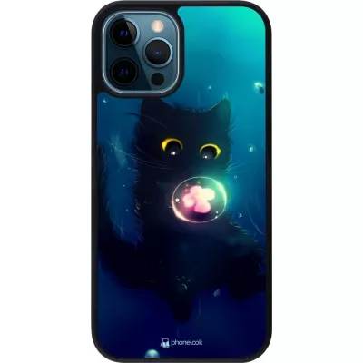 Coque iPhone 12 / 12 Pro - Silicone rigide noir Cute Cat Bubble