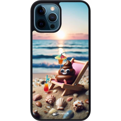 Coque iPhone 12 / 12 Pro - Silicone rigide noir Emoji caca sur chaise longue