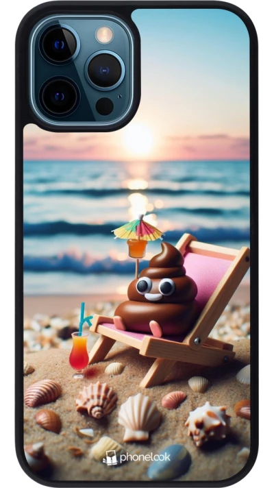 iPhone 12 / 12 Pro Case Hülle - Silikon schwarz Kackhaufen Emoji auf Liegestuhl
