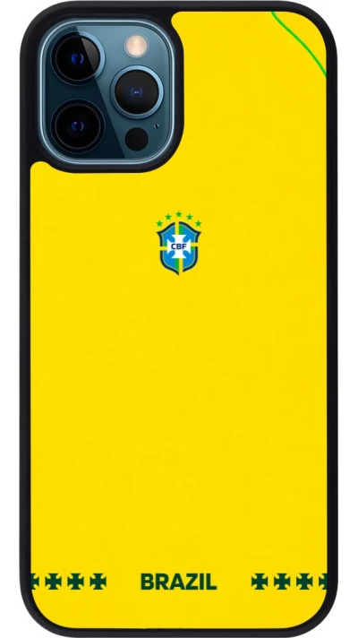 Coque iPhone 12 / 12 Pro - Silicone rigide noir Maillot de football Bresil 2026 personnalisable