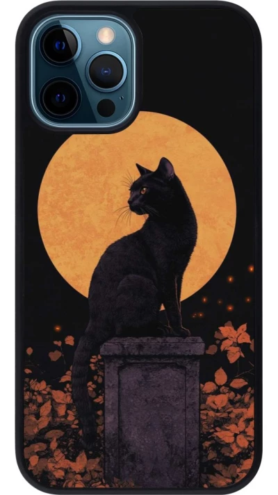 Coque iPhone 12 / 12 Pro - Silicone rigide noir Halloween 2026 Cat Art Nouveau