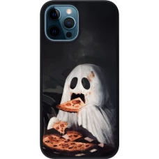 Coque iPhone 12 / 12 Pro - Silicone rigide noir Halloween 2026 Ghost eating pizza