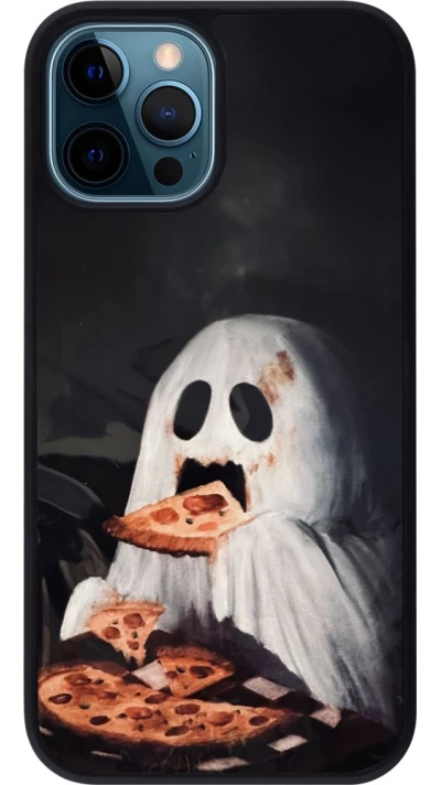 Coque iPhone 12 / 12 Pro - Silicone rigide noir Halloween 2026 Ghost eating pizza