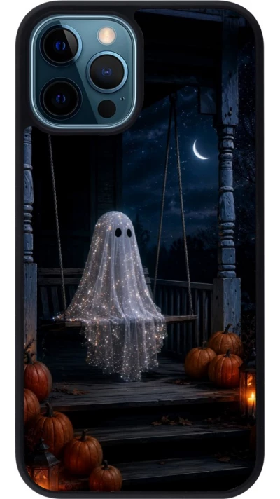 Coque iPhone 12 / 12 Pro - Silicone rigide noir Halloween 2026 Ghost on a swing