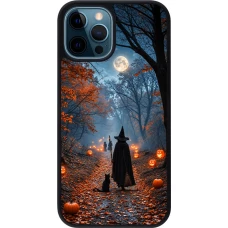 Coque iPhone 12 / 12 Pro - Silicone rigide noir Halloween 2026 Witch with a cat