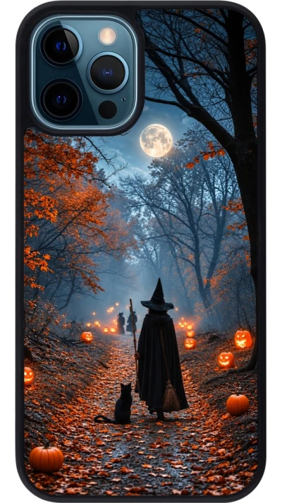 Coque iPhone 12 / 12 Pro - Silicone rigide noir Halloween 2026 Witch with a cat