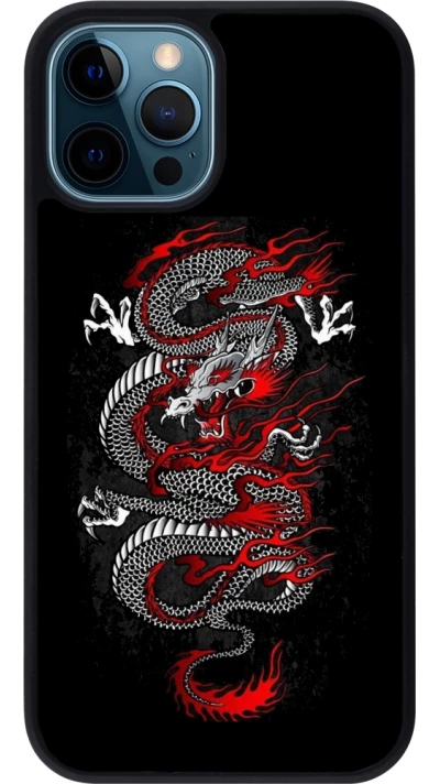 iPhone 12 / 12 Pro Case Hülle - Silikon schwarz Japanese style Dragon Tattoo Red Black