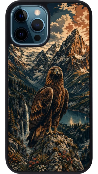 Coque iPhone 12 / 12 Pro - Silicone rigide noir Linocut Aigle Royal
