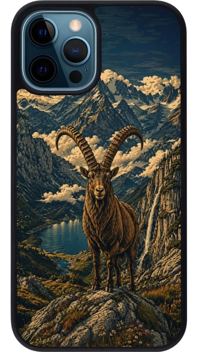 Coque iPhone 12 / 12 Pro - Silicone rigide noir Linocut Bouquetin