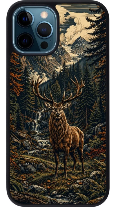 Coque iPhone 12 / 12 Pro - Silicone rigide noir Linocut Cerf
