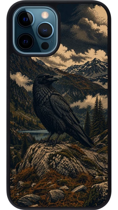 Coque iPhone 12 / 12 Pro - Silicone rigide noir Linocut Grand Corbeau