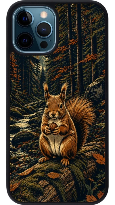 Coque iPhone 12 / 12 Pro - Silicone rigide noir Linocut Ecureuil