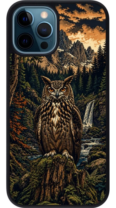 Coque iPhone 12 / 12 Pro - Silicone rigide noir Linocut Grand-Duc
