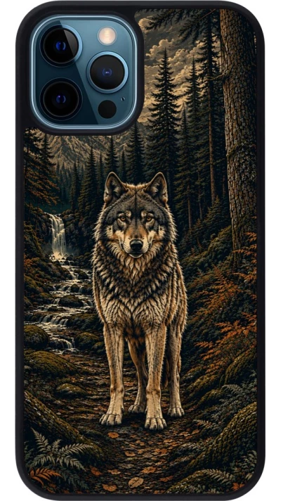 Coque iPhone 12 / 12 Pro - Silicone rigide noir Linocut Loup