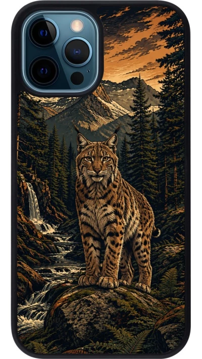 Coque iPhone 12 / 12 Pro - Silicone rigide noir Linocut Lynx