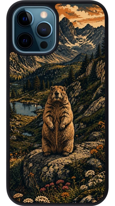 Coque iPhone 12 / 12 Pro - Silicone rigide noir Linocut Marmotte