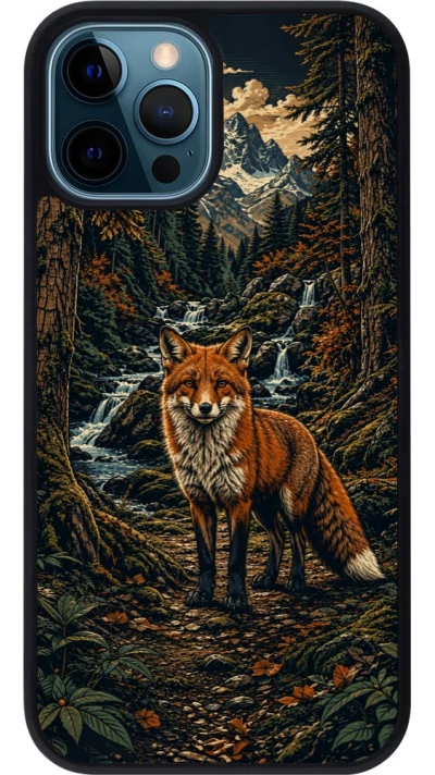 Coque iPhone 12 / 12 Pro - Silicone rigide noir Linocut Renard