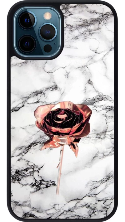 Coque iPhone 12 / 12 Pro - Silicone rigide noir Marble Rose Gold