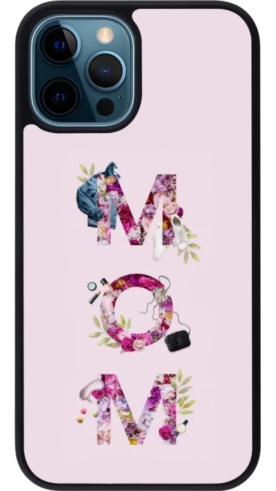Coque iPhone 12 / 12 Pro - Silicone rigide noir Mom 2024 girly mom
