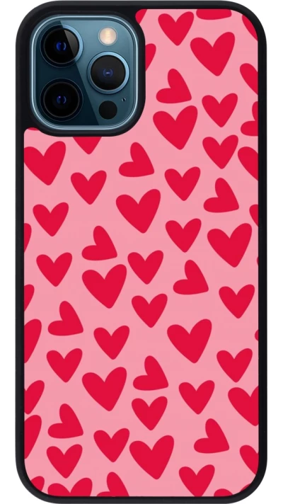 Coque iPhone 12 / 12 Pro - Silicone rigide noir Mom 2024 petits coeurs