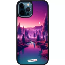 iPhone 12 / 12 Pro Case Hülle - Silikon schwarz Lila-rosa Landschaft