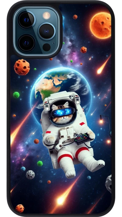 Coque iPhone 12 / 12 Pro - Silicone rigide noir VR SpaceCat Odyssey