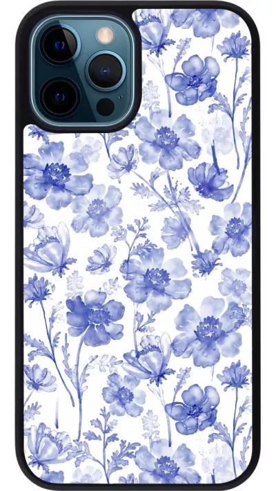Coque iPhone 12 / 12 Pro - Silicone rigide noir Spring 23 watercolor blue flowers