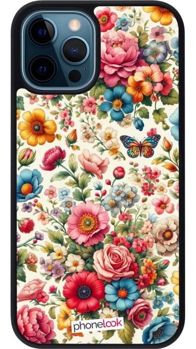 Coque iPhone 12 / 12 Pro - Silicone rigide noir Spring 25 printemps fleuri