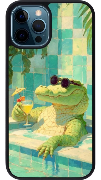 Coque iPhone 12 / 12 Pro - Silicone rigide noir Crocodile in the swimming pool Summer 2026
