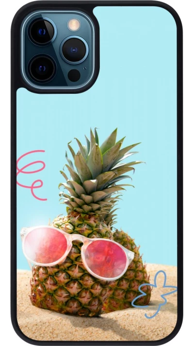 Coque iPhone 12 / 12 Pro - Silicone rigide noir Pineapple with glasses Summer 2026
