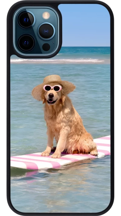 Coque iPhone 12 / 12 Pro - Silicone rigide noir Summer Dog on Paddle