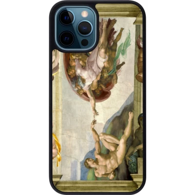 Coque iPhone 12 / 12 Pro - Silicone rigide noir Tableau art - La Création d’Adam - Michel-Ange
