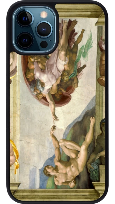 Coque iPhone 12 / 12 Pro - Silicone rigide noir Tableau art - La Création d’Adam - Michel-Ange