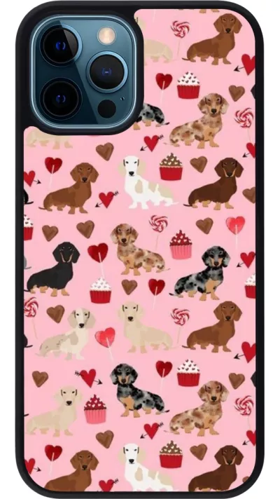 Coque iPhone 12 / 12 Pro - Silicone rigide noir Valentine 2024 puppy love