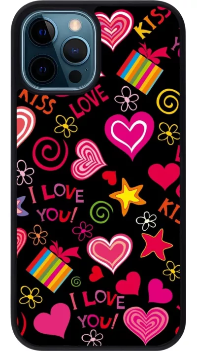 Coque iPhone 12 / 12 Pro - Silicone rigide noir Valentine 2023 love symbols