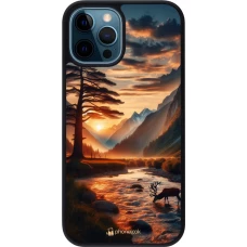 iPhone 12 / 12 Pro Case Hülle - Silikon schwarz Tal Sonnenuntergang Hirsch Baum