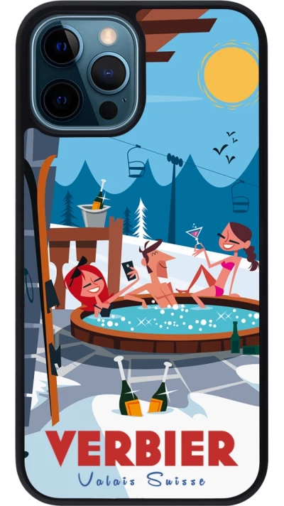 Coque iPhone 12 / 12 Pro - Silicone rigide noir Verbier Mountain Jacuzzi
