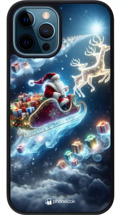 Coque iPhone 12 / 12 Pro - Silicone rigide noir Noël 2023 Père Noël enchanté